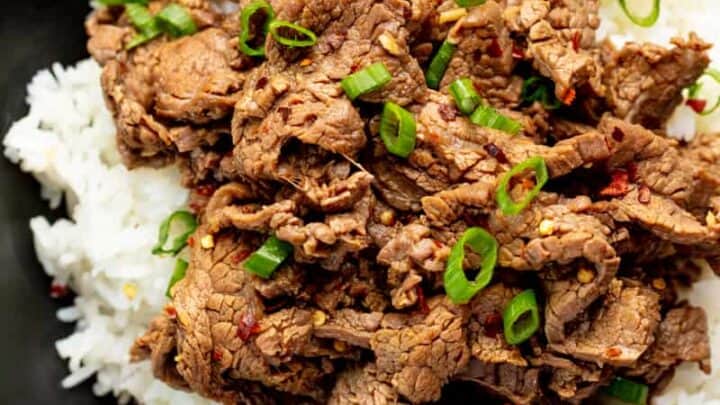 A black bowl filled with white rice topped with seasoned beef strips and garnished with sliced green onions—perfect for quick 15 Minute Summer Dinners.