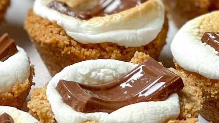 Closeup side view of S'mores Cookie Cup on parchment paper