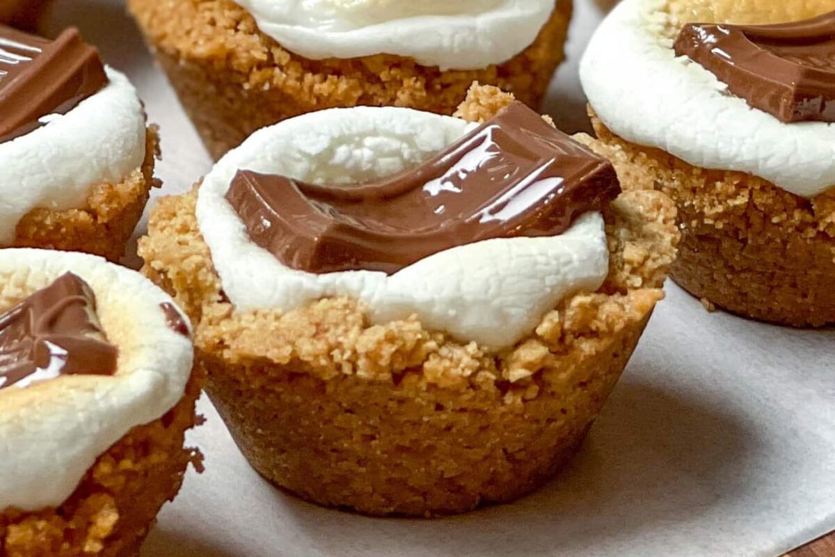 Closeup view of S'mores Cookie cup with roasted marshmallow and melting chocolate square