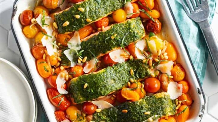 Pesto Salmon for Mid August Mediterranean Dinners
