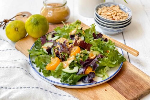 Sideview of Mandarin Orange Salad with Thai Crunch Salad Dressing on a blue and white plate with roasted peanuts