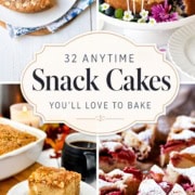 Four-image quad-grid collage of homemade snack cakes baked in square pans, loaf pans, and round pans, showcasing a variety of easy anytime snack cake recipes.