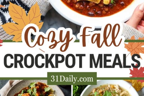 A collage of five different cozy fall slow cooker recipes in bowls, featuring stews, chili, and rice dishes, with the text "Cozy Fall Crockpot Meals" at the center.
