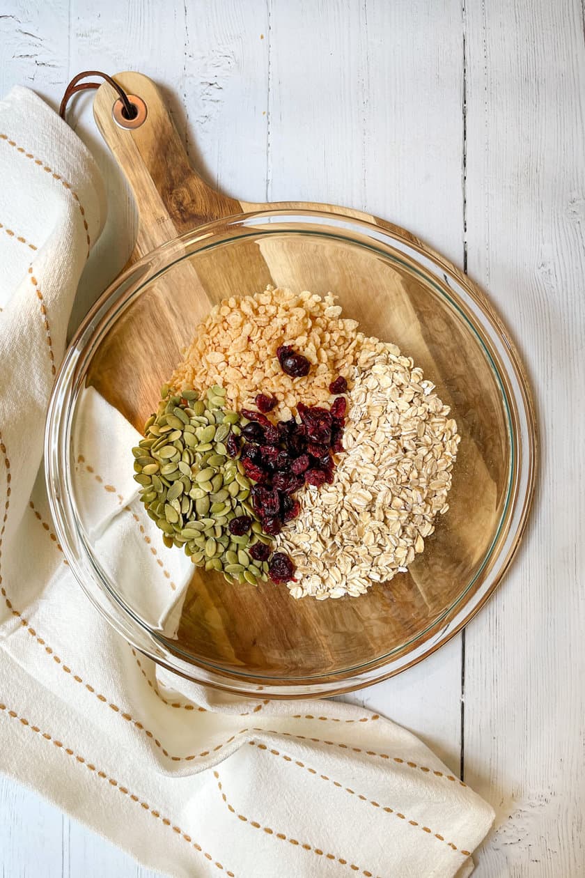 Top view of Chewy Granola Bar ingredients in a glass bowl