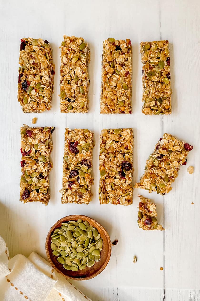 Top view of cut Chewy Granola Bars on parchment