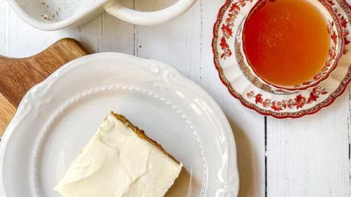 Top view of served Pumpkin Bars with Cream Cheese Frosting for teatime.