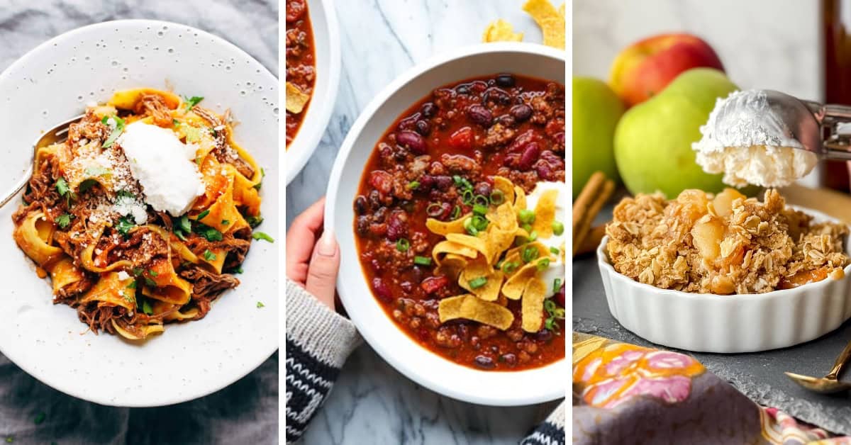 Three dishes shown: shredded beef pasta with cheese, a bowl of chili with beans and tortilla strips, and a baked apple crumble topped with ice cream—perfect Fall Slow Cooker Recipes for cozy nights in.