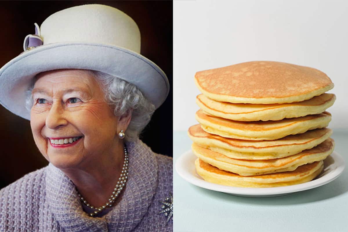 Two image collage of Queen Elizabeth and her drop scones stacked on a plate.
