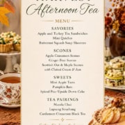Harvest Afternoon Tea menu featuring savories, scones, and tea party dessert ideas.