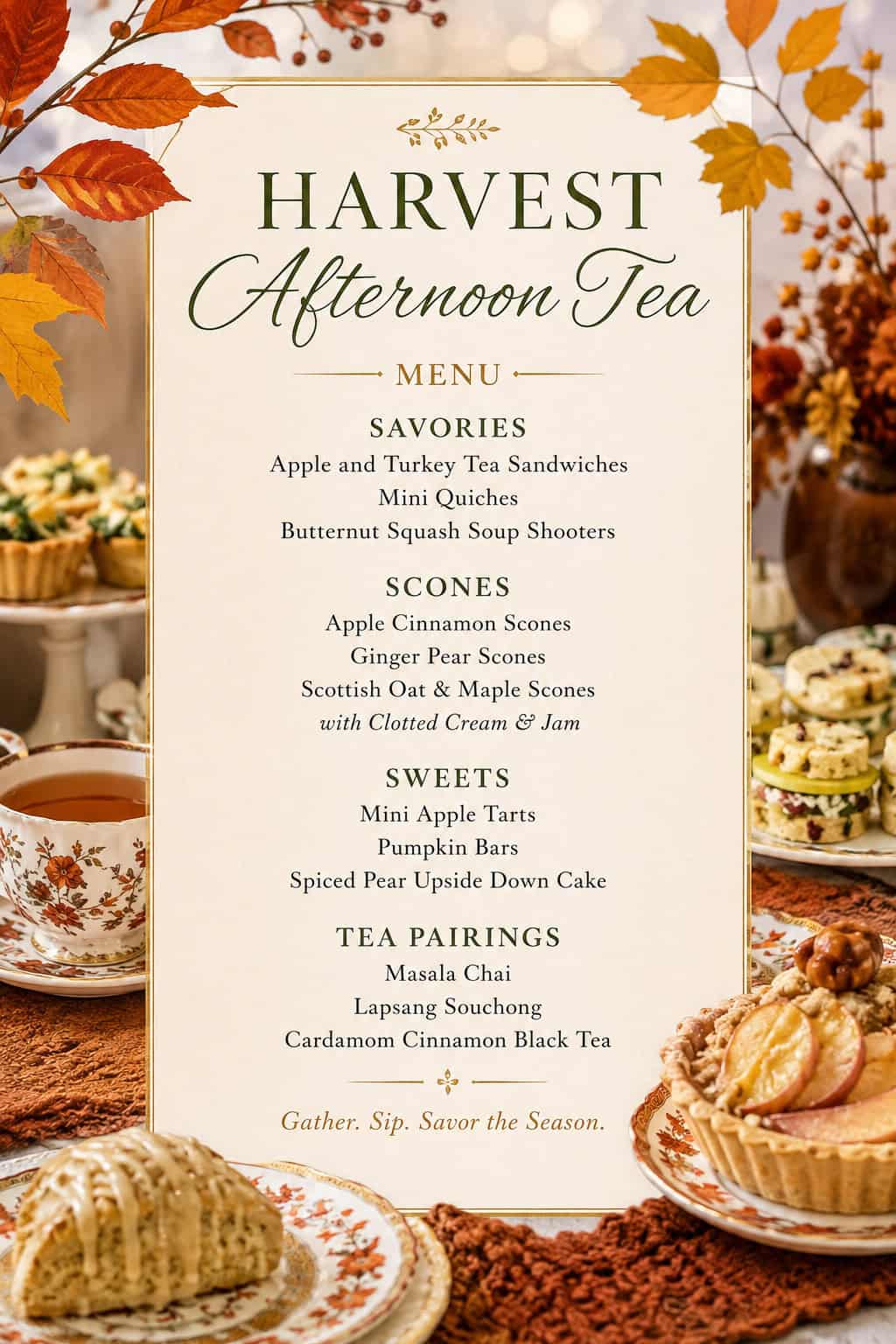 Harvest Afternoon Tea menu featuring savories, scones, and tea party dessert ideas.