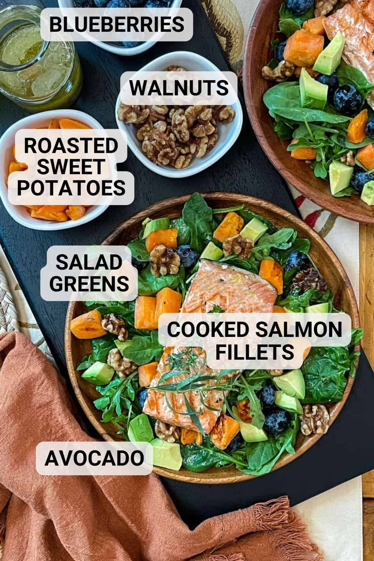 A wooden bowl filled with a vibrant salmon salad-salad greens, cooked salmon fillet, roasted sweet potatoes, blueberries, walnuts, and avocado-all labeled. A fork and napkin sit nearby for a fresh, inviting meal.