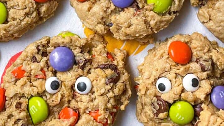 Top closeup view of Halloween Monster Cookies with M&Ms and candy eyes