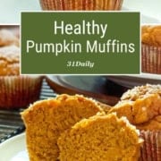 Two images of pumpkin muffins, one whole, one split in half for serving.
