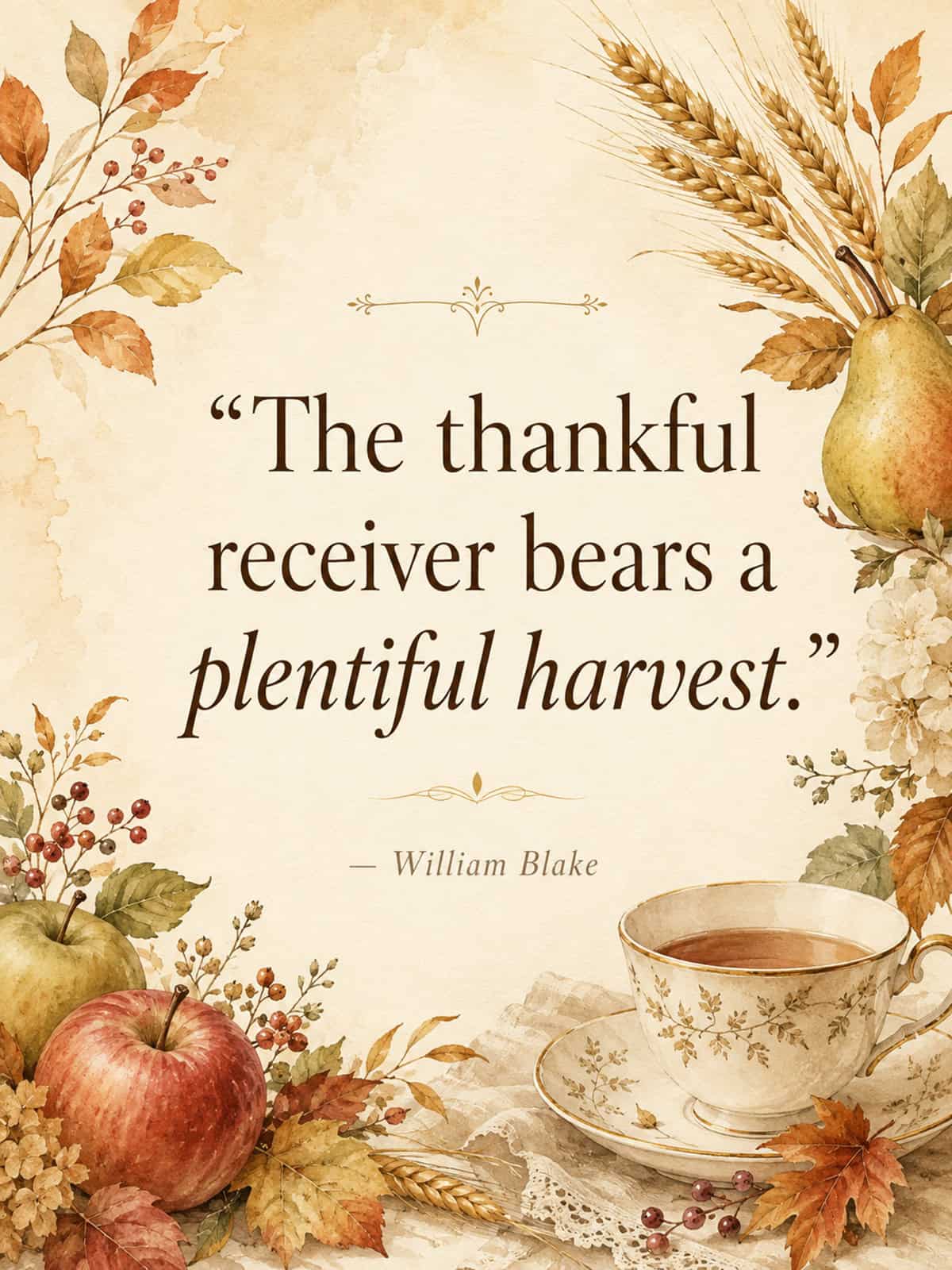 An illustrated graphic with harvest fruits and leaves and the text "The thankful receiver bears a plentiful harvest" by William Blake.