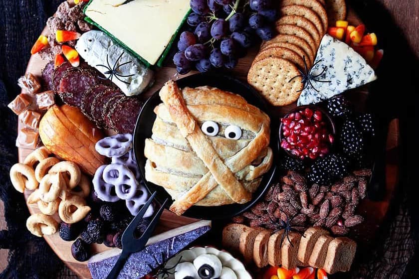 Top view of Halloween Cheese Board for Halloween Dinner Ideas