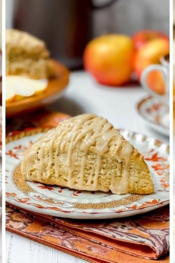 Three-image collage of harvest afternoon tea foods including apple and turkey tea sandwiches, a glazed scone, and a savory phyllo bite on autumn china.