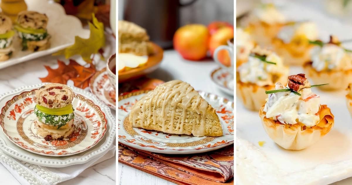 Three-image collage of harvest afternoon tea foods including apple and turkey tea sandwiches, a glazed scone, and a savory phyllo bite on autumn china.