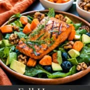 Single-image poster of Fall Harvest Salmon Salad featuring grilled salmon, roasted sweet potatoes, avocado, and greens on a dark background with earthy autumn tones.