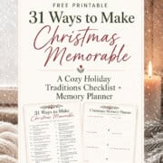 A holiday-themed flyer titled "31 Ways to Make Christmas Memorable" featuring a checklist, memory planner, candle, and festive decorations to help you make Christmas memorable this year.
