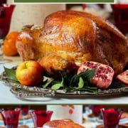 Pinterest Pin image collage of two view of herb roasted turkey, ready for carving, at a holiday table.