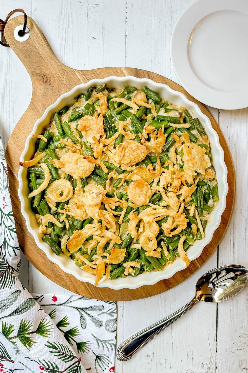 Top view of Green Bean Casserole in a white, fluted casserole dish