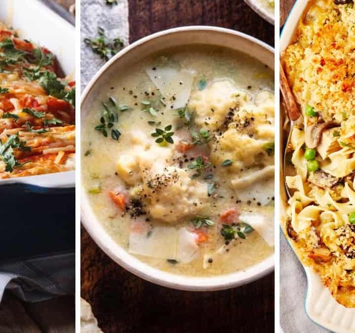 Three image collage of Leftover Turkey Recipes including casseroles, soups, pastas and more.