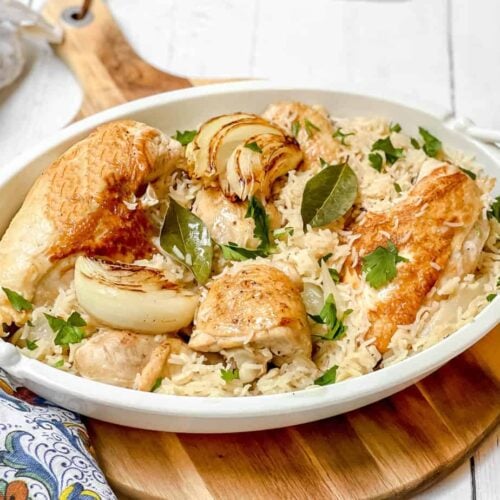 Top view of Baked Chicken and Rice in a white oval casserole