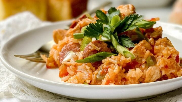 Side view of plated Jambalaya with andouille sausage, chicken, and rice on a white plate