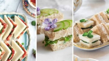 A three image collage of tea sandwiches featuring cucumber tea sandwiches, strawberry tea sandwiches, and herbed cream cheese sandwiches in a beautiful setting for afternoon tea.