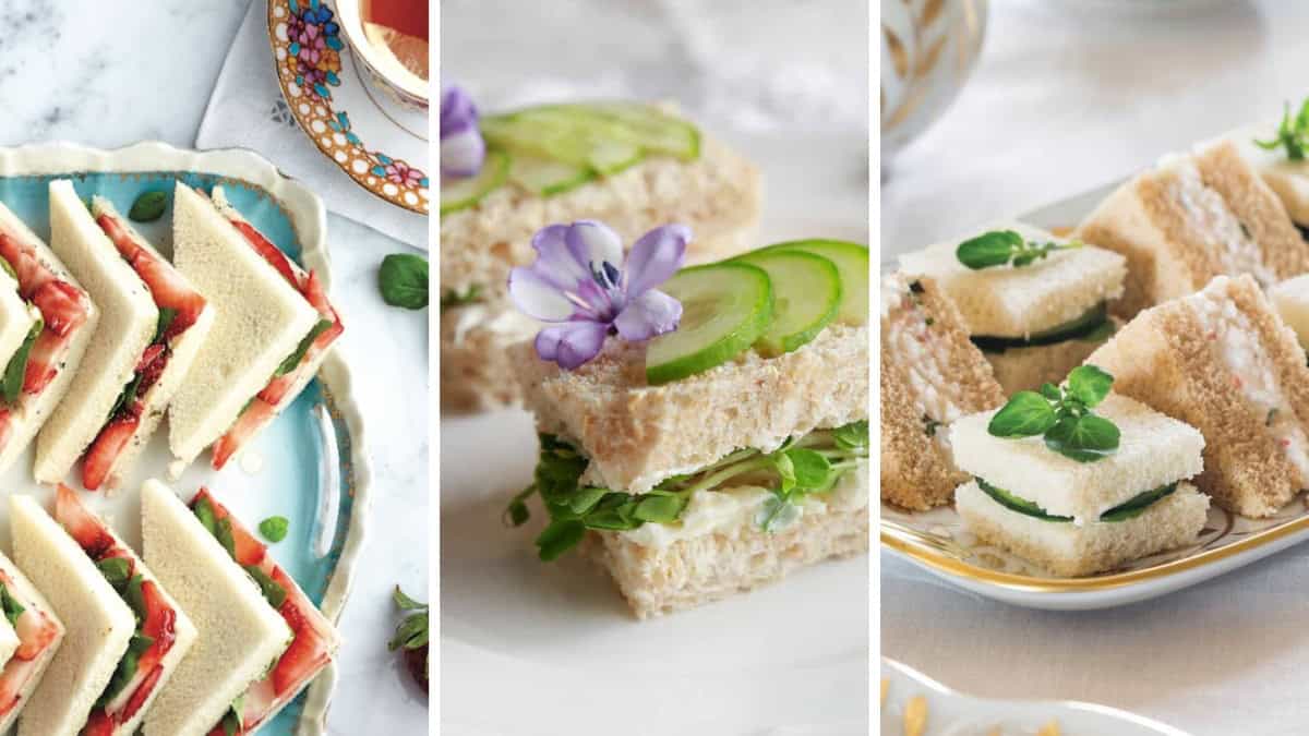 A three image collage of tea sandwiches featuring cucumber tea sandwiches, strawberry tea sandwiches, and herbed cream cheese sandwiches in a beautiful setting for afternoon tea.