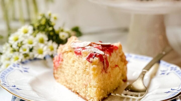 Front view of Rhubarb Almond Cake serving topped with rhubarb, sliced almonds and powdered sugar