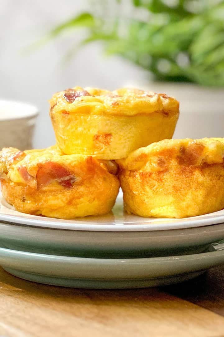 Three baked bacon gouda egg bites with visible cheese and bacon pieces are stacked on a white plate, with a green plant blurred in the background.