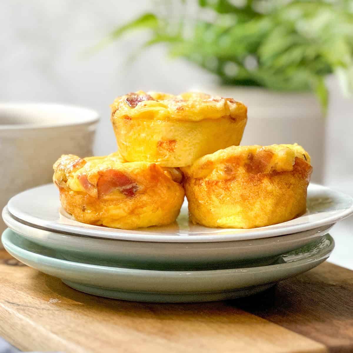 Three baked bacon gouda egg bites with visible cheese and bacon pieces are stacked on a white plate, with a green plant blurred in the background.
