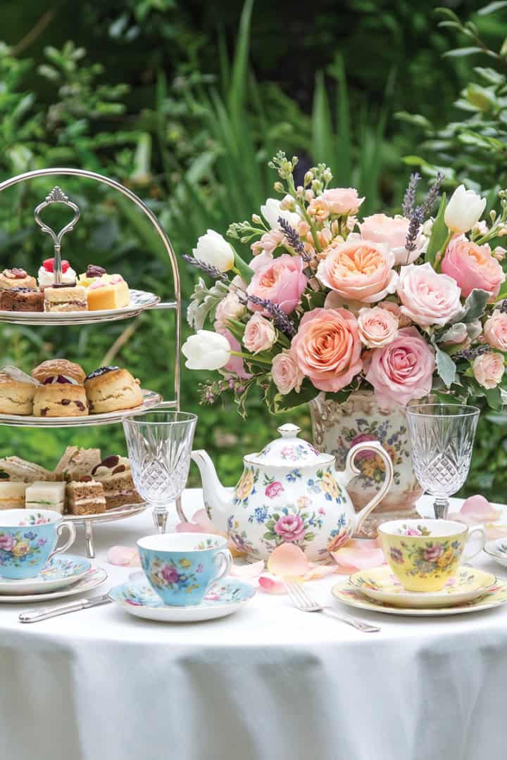 A garden table set for a Mother's Day Tea with floral china, a teapot, tiered tray of pastries, sandwiches, scones, and a bouquet of roses and tulips against a lush green background.
