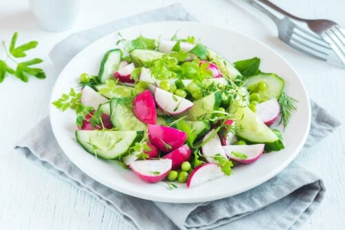 Side view of Spring Salad on a white plate