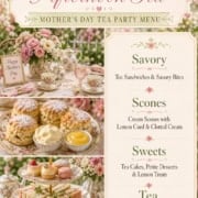 Celebrate with our Mother’s Day Tea menu, featuring tea sandwiches, scones with cream and lemon curd, petite desserts, lemon treats, and tea—all served amid floral decorations and an elegant table setting.