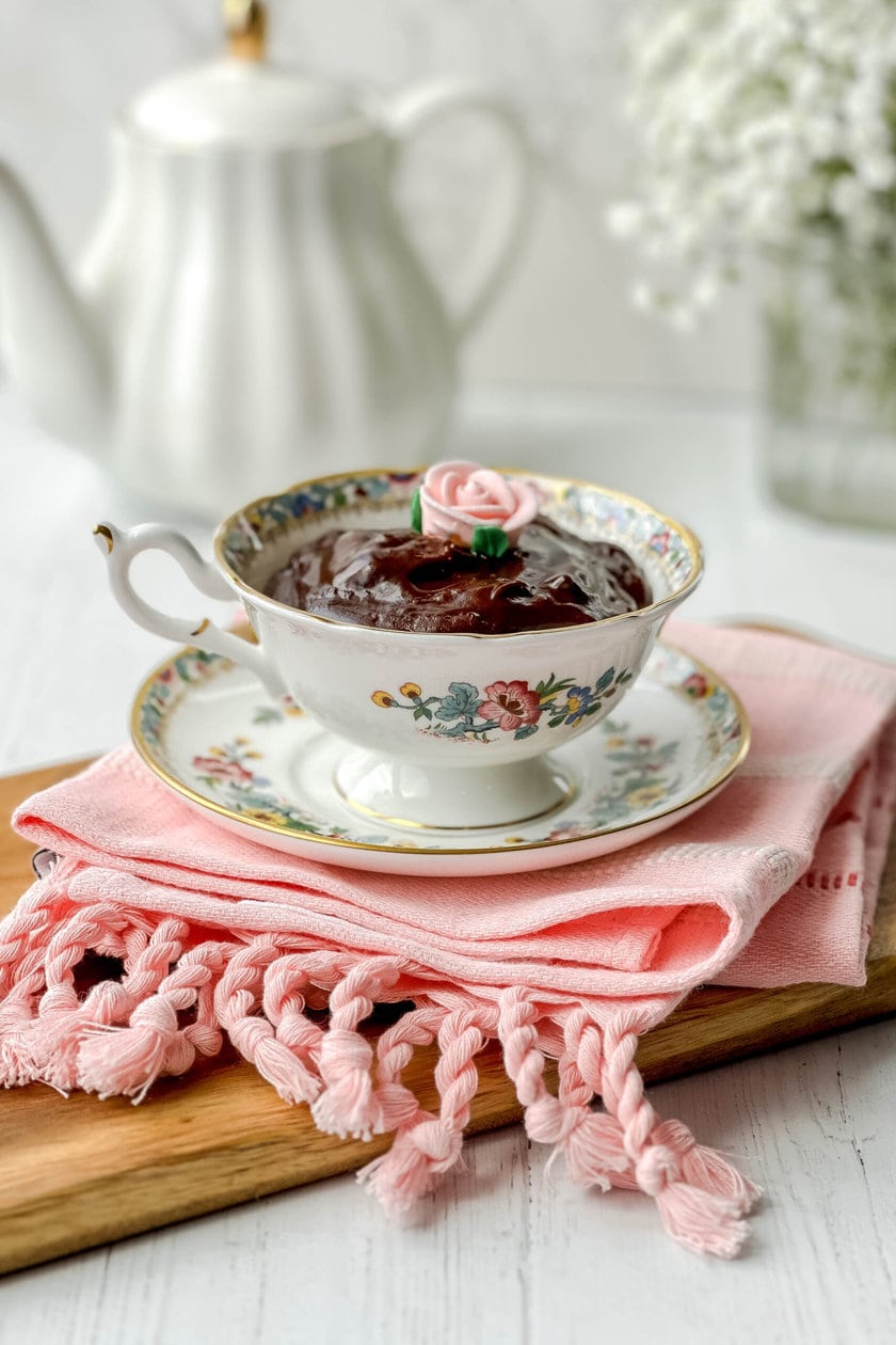 Side view of Chocolate Pudding in a pink and white teacup with saucer