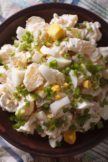 A plate of potato salad recipe with chopped hard-boiled eggs, green onions, and mayonnaise served on a checkered cloth.