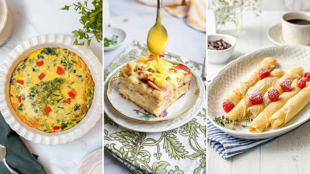 A Mother's Day Breakfast featuring a vegetable frittata, eggs benedict casserole drizzled with sauce, and rolled crepes filled with raspberries and powdered sugar on plates.