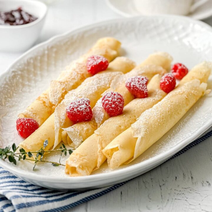Side view of Swedish Pancakes with fresh raspberries on an oval white platter
