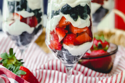 Closeup view of Red, White, and Blue Berry Parfait (in 15 minutes) with fresh strawberries and blueberries