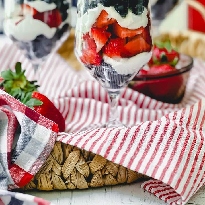 Closeup view of Red, White, and Blue Berry Parfait (in 15 minutes) with fresh strawberries and blueberries