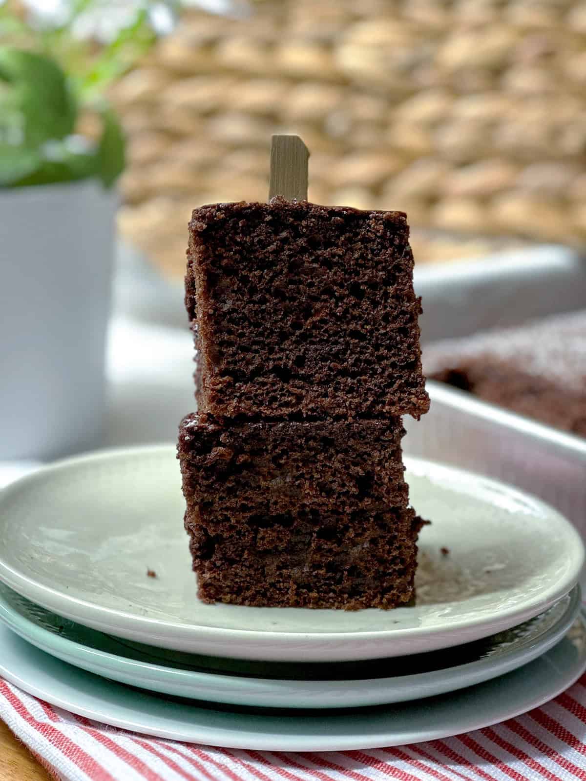 Two pieces of rich chocolate cake are stacked on a plate with a wooden stick through the top. In the background, a baking pan and potted plant add a cozy touch.