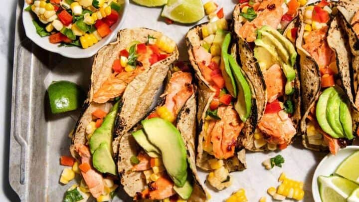 Image for Tuesday: 30-Minute Roasted Salmon Tacos with Corn & Pepper Salsa