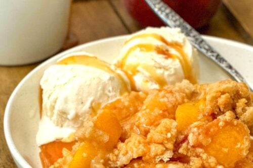 Pinterest Pin for Peach Crumble with Salted Caramel Sauce