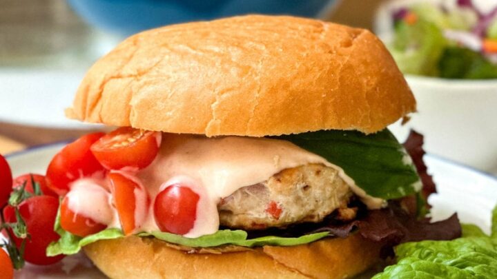 Side view of Firecracker Chicken Burgers on a bun with Chili Mayonnaise, lettuce, red onion, and tomatoes