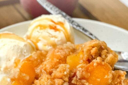 Pinterest Pin for Peach Crumble with Salted Caramel Sauce