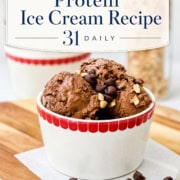 Single-image poster of Chocolate Protein Ice Cream in a bowl, styled with deep navy, charcoal, and olive tones — rich, indulgent, and wholesome.