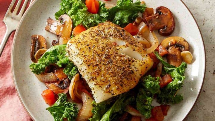 Image for Herby Fish with Wilted Greens & Mushrooms