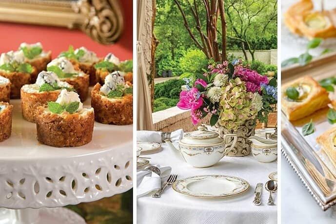 Three images: bite-sized cheesecake desserts on a cake stand, a garden tea table set with china, and puff pastry appetizers on a silver tray—perfect inspirations for your September Afternoon Tea.